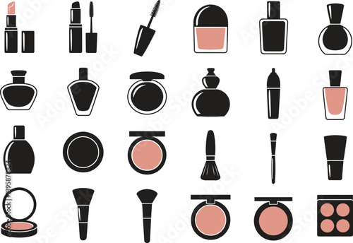 Cosmetic set icon. Lipstick, foundation, powder, beauty tools. Vector illustration