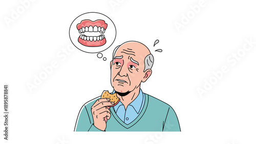 Concerned elderly man eating a cookie while thinking about his dentures depicted in a thought bubble above his head.
