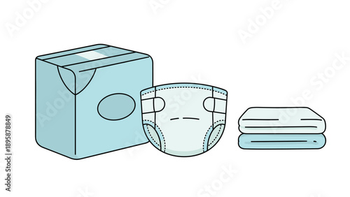 Package of baby diapers shown next to individual diapers and a stack of clean wipes or towels on a plain white background.