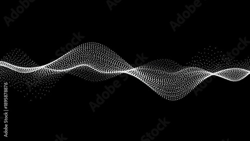 Abstract digital wave pattern composed of numerous small white dots flowing across a dark black background, representing data or sound visualization.