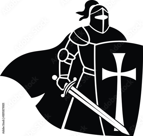 Black and white illustration of a knight with a sword and shield