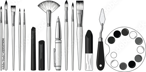 Black and white of various artist paint brushes and palette paintbrushes painting