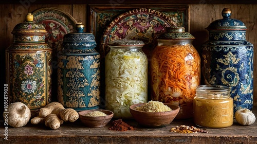Ethnic Painted Jars and Fermented Vegetables on Vintage Wooden Shelf
