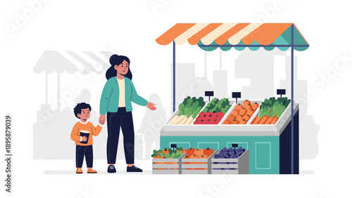 Mother and her young son visiting a colorful outdoor fruit and vegetable market stall to buy fresh produce together.