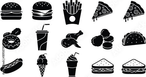Food icons collection including burgers pizza fries and desserts