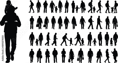 Large collection of black silhouettes showing people walking, men, women, children and families in various poses isolated on white background