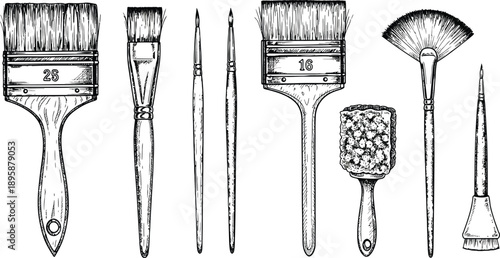 Black and white of various paint brushes tools