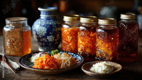 Fermented Pickles and Jam Jars on Rustic Kitchen Wooden Table
