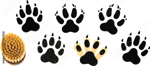 Black and yellow animal paw prints and a dog brush tracks dogs