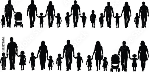 Large collection of family silhouettes, parents walking with children and strollers, black vector illustration, isolated on white background, group set.
