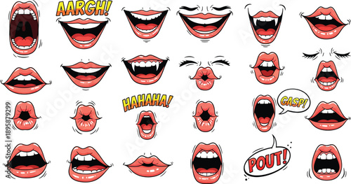 Cartoon comic book style mouths and lips expressions smile laugh scream