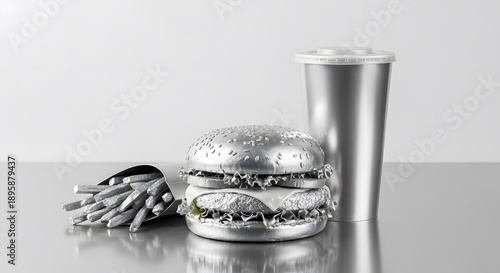 Surreal Chrome Silver Fast Food Burger and Fries, Metallic Reflective Texture for a Modern Pop Art Meal Concept