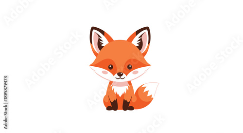 Tiny orange fox cub with large ears and a white-tipped tail sits patiently on a clean white background in a cute style.