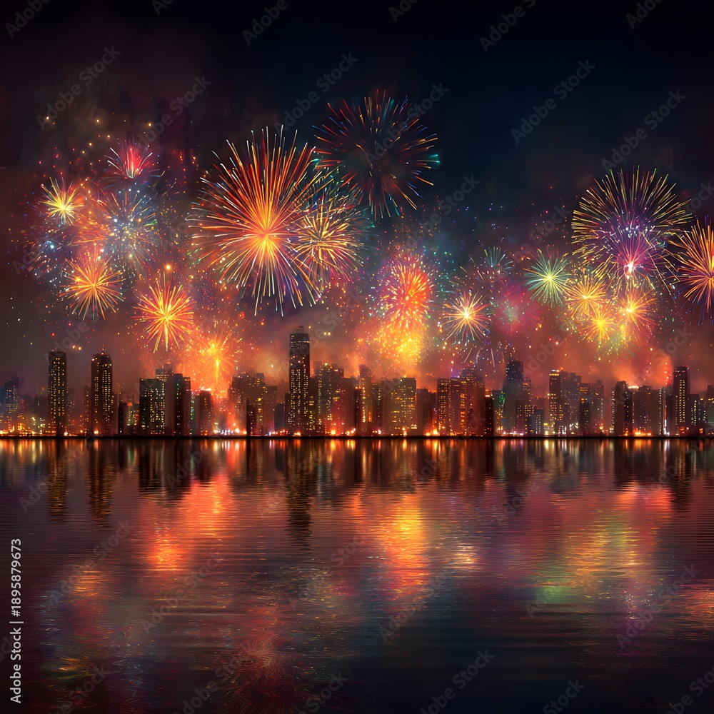 Fototapeta premium Spectacular Fireworks Show Over City Skyline High Resolution Picture