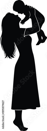 Mother lifting baby silhouette, beautiful mom holding child up, parenthood love, family bonding, black vector illustration, isolated on white background.