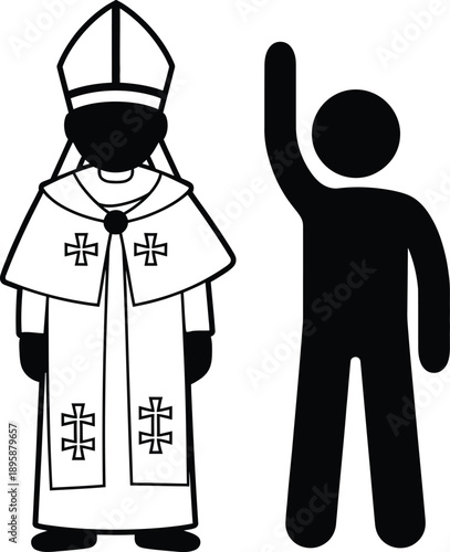 Pope and a follower with raised hand in front of a white background