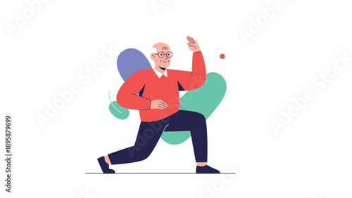 Active elderly man practicing martial arts or stretching exercises for health and longevity against abstract shapes.