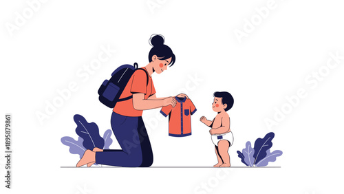 Caring mother kneeling on the floor to help her toddler son put on a shirt while carrying a backpack on her back.