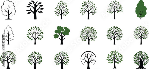 Various tree silhouettes with green leaves on white background trees black
