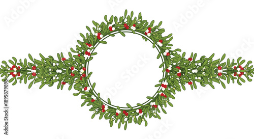 Elegant wreath made of mistletoe branches with white and red berries forms a perfect circular frame with horizontal extensions on white space.