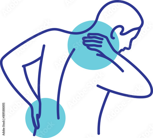 Minimalist line illustration of a person experiencing neck and lower back pain