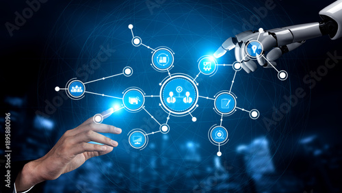 A human hand reaches toward a robotic hand, highlighting a blend of technology and human interaction within a visually striking digital network. Tessel