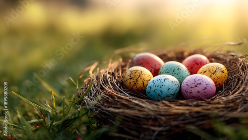 A bird's nest containing seven brightly colored and speckled Easter eggs lies in the green grass, softly lit by the sunlight.