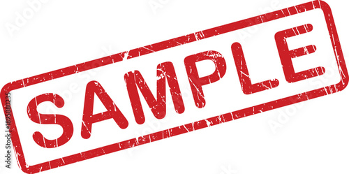 A bold red grunge rubber stamp featuring the word SAMPLE within a distressed rectangular frame on white