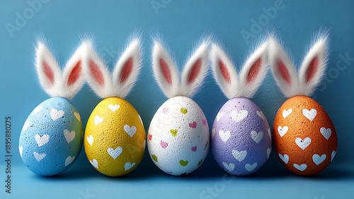Colorful Easter eggs with white hearts and fluffy bunny ears, on a blue background.