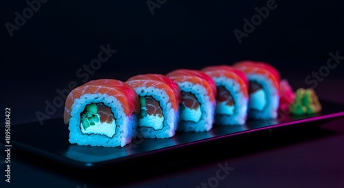 Cyberpunk Futuristic Dining Featuring Neon Glowing Sushi Rolls, Vibrant Blue Rice and Pink Fish Glow for a Sci-Fi Culinary Concept