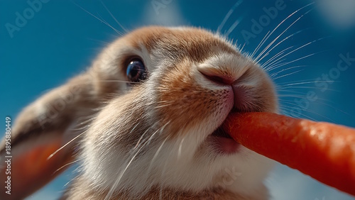 Cute rabbit eating carrot with clear sky background.