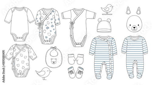 Assorted collection of baby clothes and accessories including onesies, sleepers, bibs, mittens, and hats in grey.
