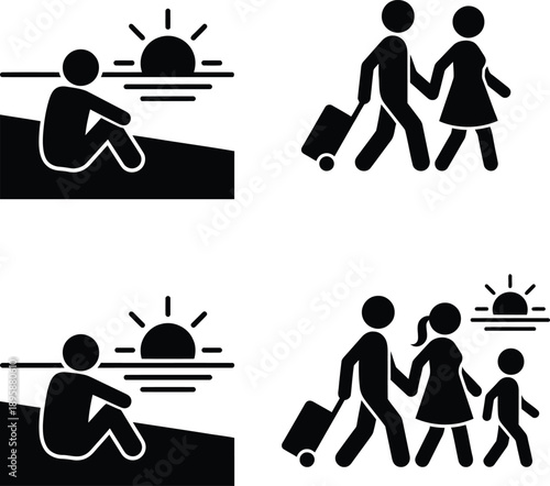 Travel and vacation icons: solo relaxation, romantic getaways, and family adventures