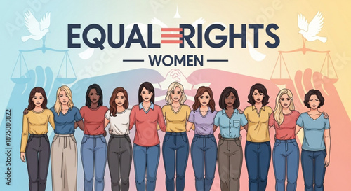 Diverse group of women standing together for equal rights illustration representing feminism and gender equality with doves and scales of justice