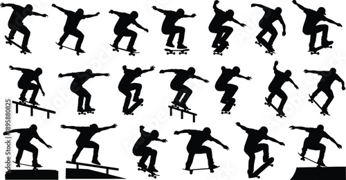 Skateboarder silhouette set, skater performing tricks on boards and rails, active lifestyle, extreme sport, vector illustration, isolated on white background.