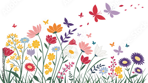 A colorful spring meadow vector illustration featuring a floral design with grass, daisies, and butterflies in a sunny garden field

Would you like me to generate a few alternative variations of this 