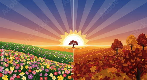 Four seasons landscape illustration vibrant spring flowers and autumn leaves divided by a central tree under a radiating sun concept for nature and time
