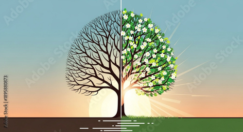Tree split in half showing dormant winter side and vibrant spring growth symbolizing seasons and change isolated on a gradient background