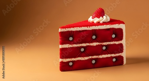 Luxury Red Velvet Concept of an Upholstered Textile Cake Slice, Surreal Tufted Red Velvet Fabric Dessert with Button Detailing