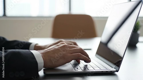 Close Up Of Business Hands Typing On Laptop In Modern Office, Professional Corporate Remote Work Productivity 4k