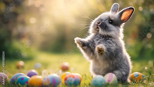 Rabbit standing in the meadow with colorful Easter eggs.