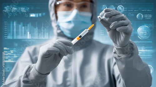 Scientist in Protective Gear Holding Syringe with Vaccine Preparation in Laboratory Environment