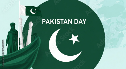 Pakistan Day celebration graphic with national flag and crescent moon symbol representing patriotism and national pride for events and media