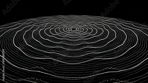 Abstract digital visualization of concentric undulating white lines on a dark background, resembling sound waves or ripples.
