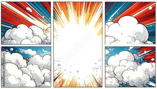 Comic-style panels with dynamic bursts and fluffy clouds against varied color palettes