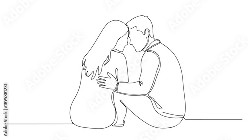 Minimalist continuous line art drawing of a tender moment between a loving couple in a heartfelt, supportive embrace, symbolizing emotional connection and comfort