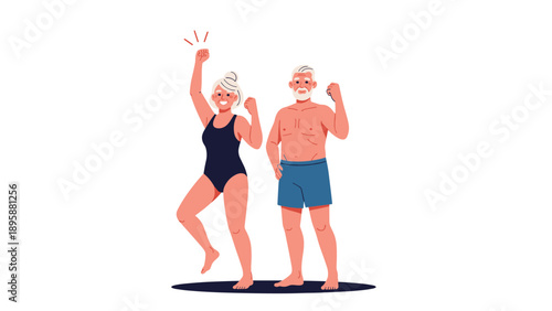 Happy senior man and woman in swimwear cheering and celebrating a victory or healthy lifestyle with raised arms.