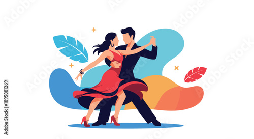 Elegant couple in formal attire performs a passionate dance move against a colorful background with abstract shapes and feathers.