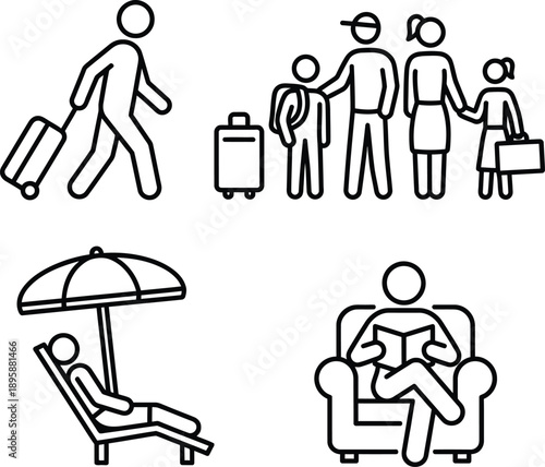 Travel and leisure activities outline icon set: exploring, relaxing, and enjoying free time