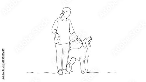 Minimalist One Line Art Illustration Woman Petting Dog, Showcasing the Heartwarming Bond of Companionship and Care in a Modern Vector Graphic Style